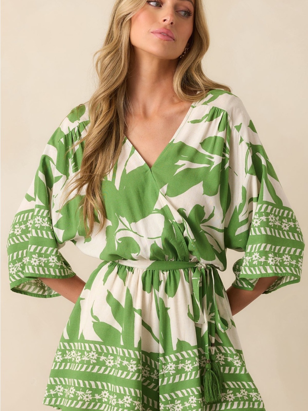ALWAYS TAKING IT EASY GREEN TROPICAL PRINT SHORT SLEEVE ROMPER